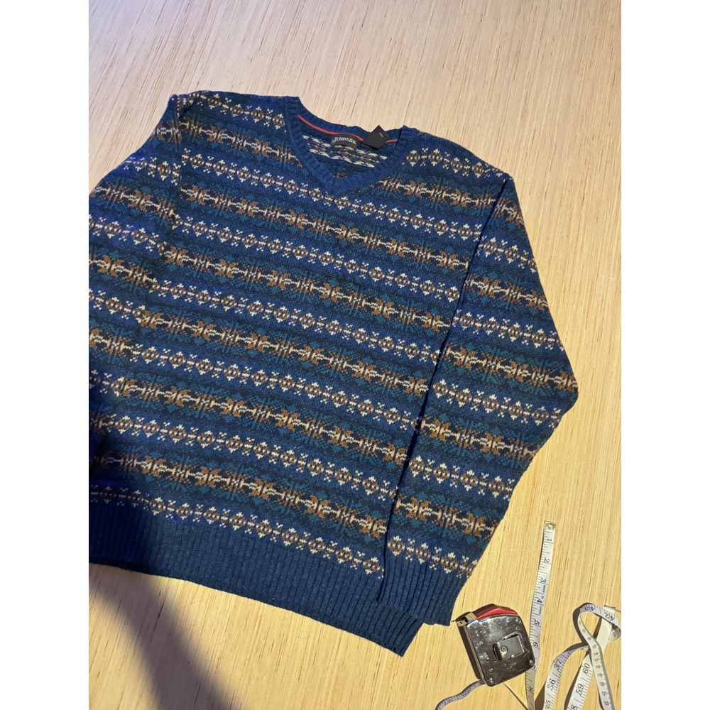 St Johns Bay Mens Blue Fair Isle V-Neck Sweater Cotton Lambswool Blend Medium 44